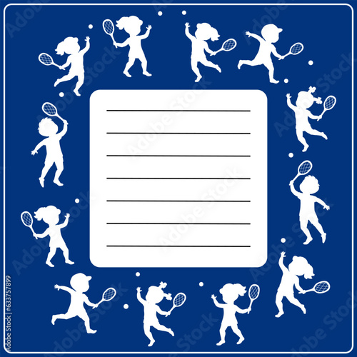 Frame of white silhouettes of tennis players with copy space in the center. Cartoon vector illustration for card, book cover, print, poster.