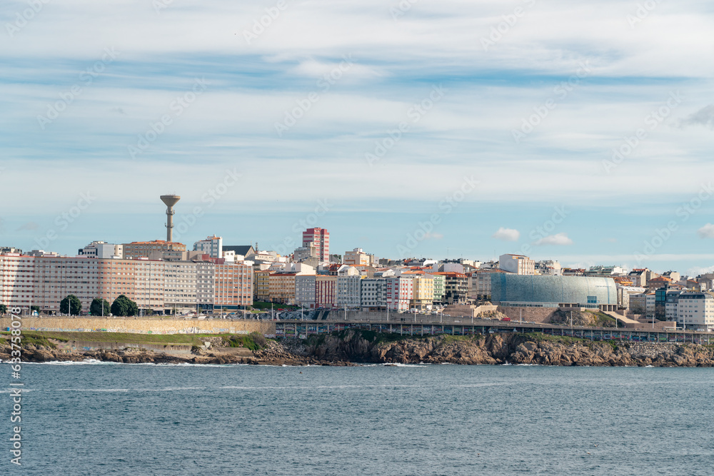 Beautiful A Coruna city. Situated in Galicia, Northwest of Spain. Travel destination. Panoramic view of the city. View of Riazor Beach and Orzán beach. Travel destination in Galicia, North of Spain.