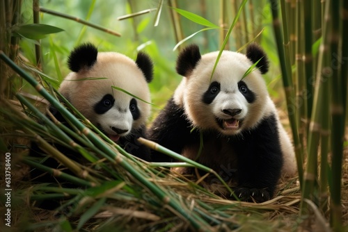 Panda cubs tumble playfully in a bamboo thicket.