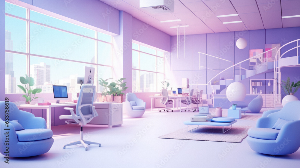 Soft pastel office, open space workplace concept in a large corporation. Windows that let in light, a healthy working environment for colleagues. Soft pastel office, open space workplace concept in a large corporation. Windows that let in light, a healthy working environment for colleagues.