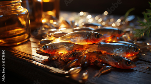 oil with fresh fish oil in the glass on wooden table