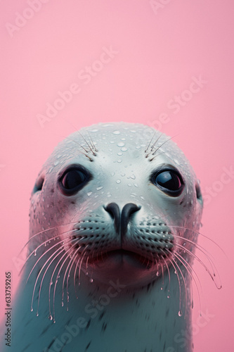 Close-up portrait of a wild animal with blue and pink neon lights. Cute seal with big eyes.