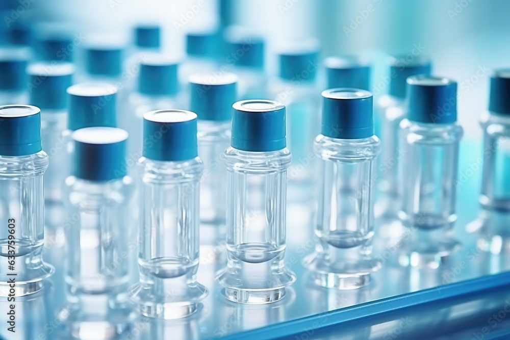 Glass vials for liquid samples. Laboratory equipment for dispensing fluid samples. Shallow depth of field. Glass vials for liquid samples. Laboratory equipment for dispensing fluid samples. Shallow depth of field.