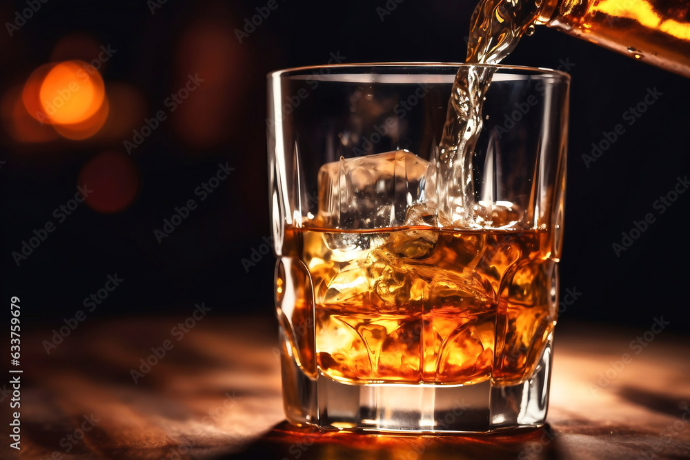The bartender pours whiskey into a glass with ice on the bar counter. close-up. Blurred background. Elite alcoholic drink.