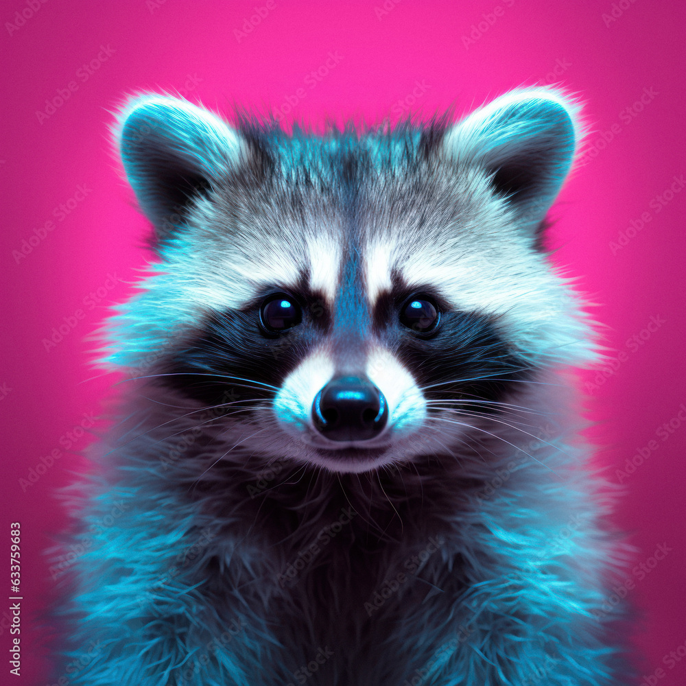 Close-up portrait of a wild animal with blue and pink neon lights. A little irresistible raccoon.