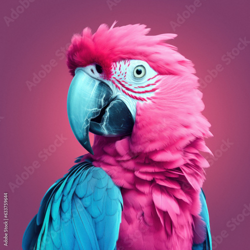 Close-up portrait of a wild animal with blue and pink neon lights. An exotic and rare parrot that can speak. © Uncanny Valley