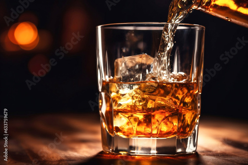 The bartender pours whiskey into a glass with ice on the bar counter. close-up. Blurred background. Elite alcoholic drink.