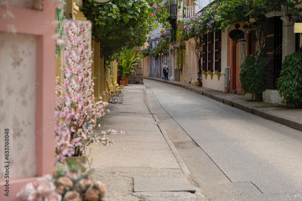 Narrow street of old town in Cartagena city with colorful painted buildings facades, cafes, bars, souvenir stores and blooming flowers. Selective focus.