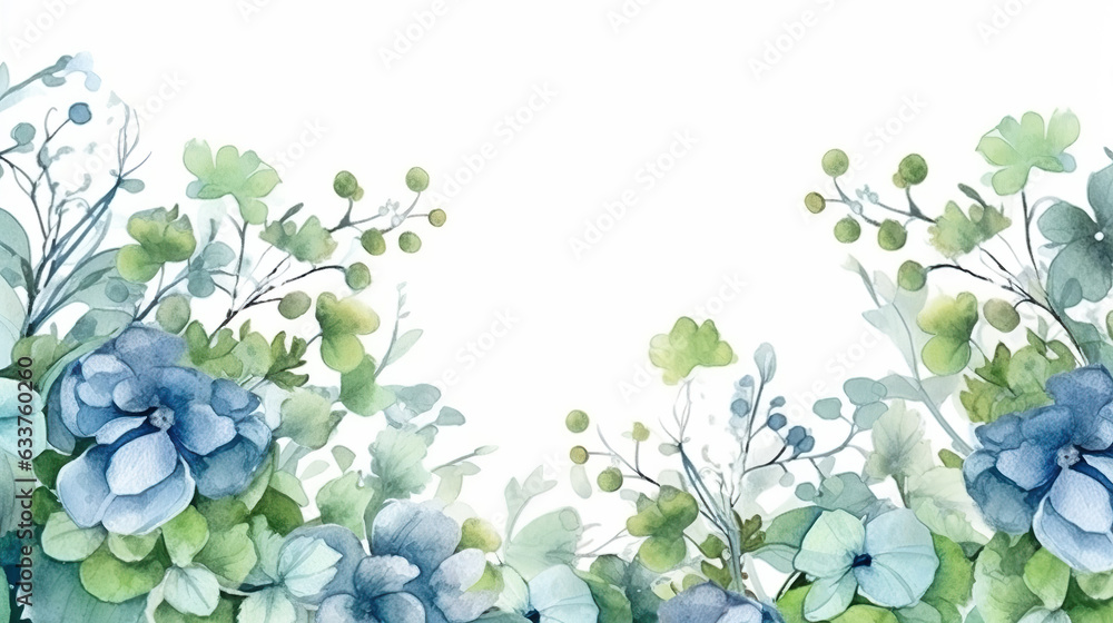 Watercolor painted greenery frame template. Bouquet with green, blue branches and leaves. Seamless 