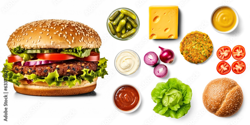 Veggie Burger with ingredients, Veggie patty, Cheddar cheese, Lettuce, Tomato slices, Pickles, Onions, Ketchup, Mustard, Mayonnaise, Whole wheat bun on transparent background