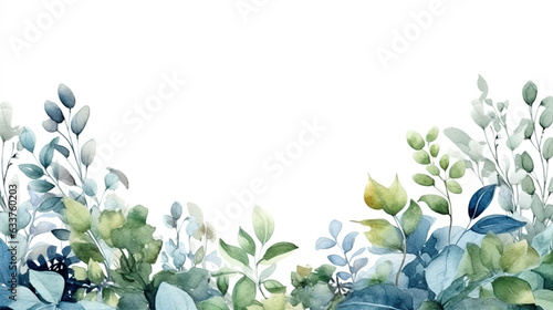 Watercolor painted greenery frame template. Bouquet with green, blue branches and leaves. Seamless  #633760203
