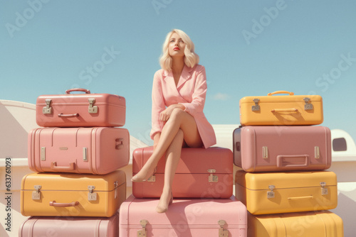 A young beautiful girl has packed her huge pastel suitcases and is ready to travel to some exotic destination. She takes the whole closet, a lot of clothes on the trip.