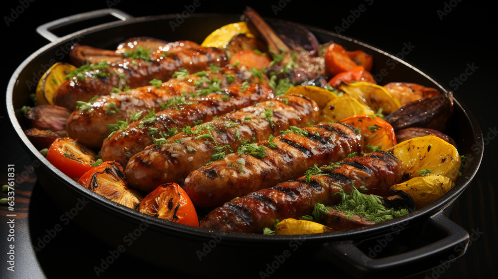 grilled meat with vegetables and herbs in pan on table grilled meat with vegetables and herbs in pan on table
