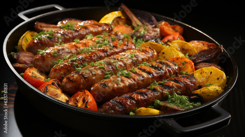 grilled meat with vegetables and herbs in pan on table