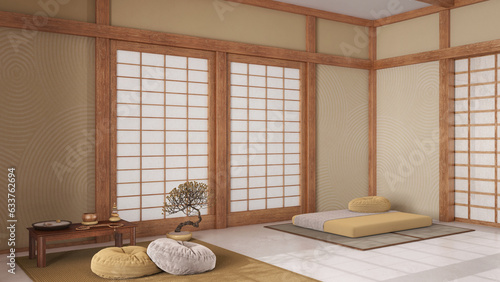 Minimal meditation room in white and yellow tones with pillows, tatami mats and paper doors. Carpet, table with Mala and decors. Japanese interior design