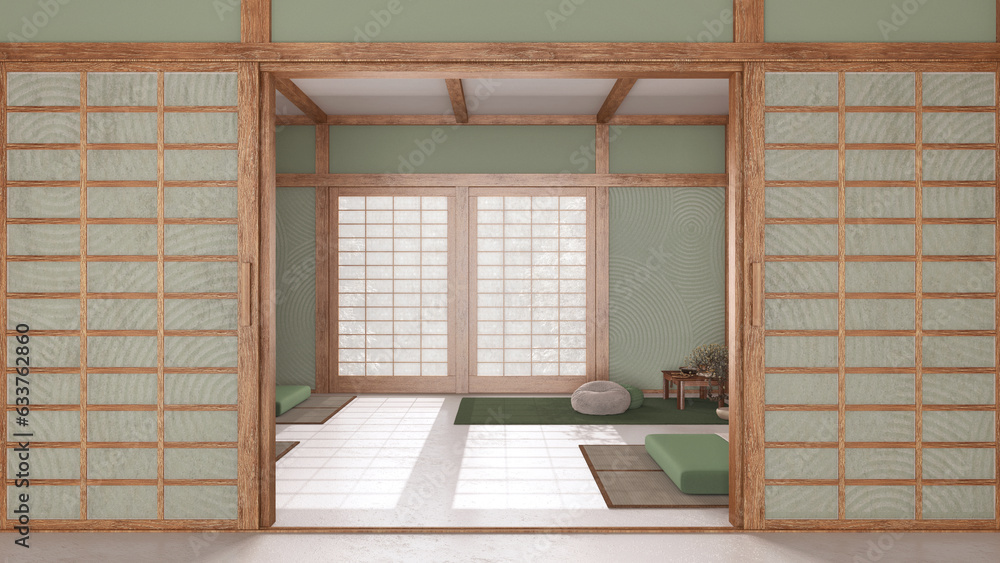 Minimal meditation room in white and green tones with paper door. Capet, pillows and tatami mats. Wooden beams and wallpaper. Japandi interior design Minimal meditation room in white and green tones with paper door. Capet, pillows and tatami mats. Wooden beams and wallpaper. Japandi interior design