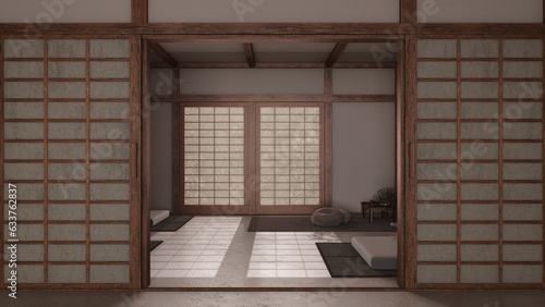 Dark late evening scene, minimal meditation room with paper door. Capet, pillows and tatami mats. Wooden beams and wallpaper. Japandi interior design