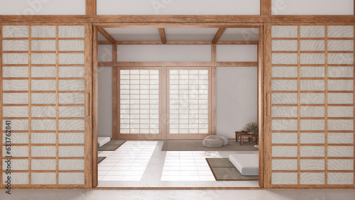 Minimal meditation room in white and beige tones with paper door. Capet, pillows and tatami mats. Wooden beams and wallpaper. Japandi interior design