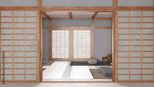 Minimal meditation room in white and gray tones with paper door. Capet, pillows and tatami mats. Wooden beams and wallpaper. Japandi interior design