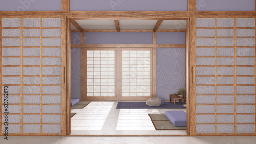 Minimal meditation room in white and purple tones with paper door. Capet  pillows and tatami mats. Wooden beams and wallpaper. Japandi interior design