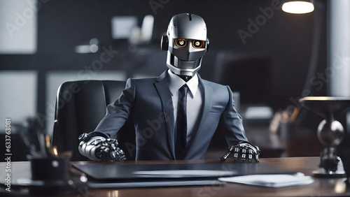 Robot CEO Boss in a Suit on His Desk in an Office