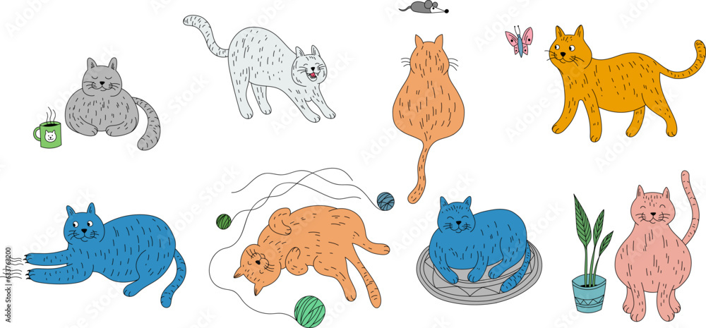 Obraz premium Doodle set of cute cartoon cats isolate on white. Hand drawn illustration for kids.