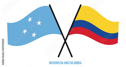 Micronesia and Colombia Flags Crossed And Waving Flat Style. Official Proportion. Correct Colors.