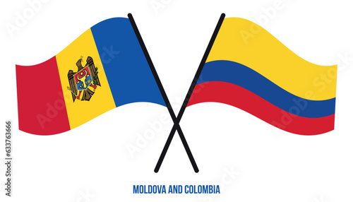 Moldova and Colombia Flags Crossed And Waving Flat Style. Official Proportion. Correct Colors.