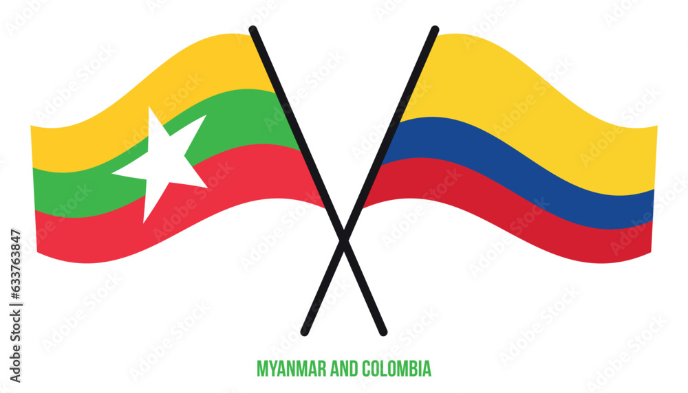 Myanmar and Colombia Flags Crossed And Waving Flat Style. Official Proportion. Correct Colors. Myanmar and Colombia Flags Crossed And Waving Flat Style. Official Proportion. Correct Colors.