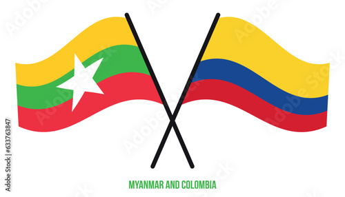 Myanmar and Colombia Flags Crossed And Waving Flat Style. Official Proportion. Correct Colors.