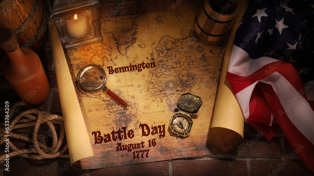 Bennington Battle Day text on old map. USA flag.