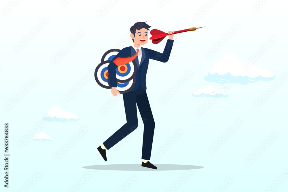 Confident businessman carrying many dartboard target, handle multiple businesses simultaneously, multi purpose or multitasking, side hustle or side job concept (Vector) Confident businessman carrying many dartboard target, handle multiple businesses simultaneously, multi purpose or multitasking, side hustle or side job concept (Vector)