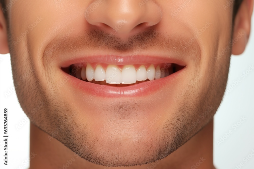 Fototapeta premium a close up photo of the lower part of a male face. handsome cute smile with very clean perfect teeth. chin, nose and mouth visible. dental service advertisement