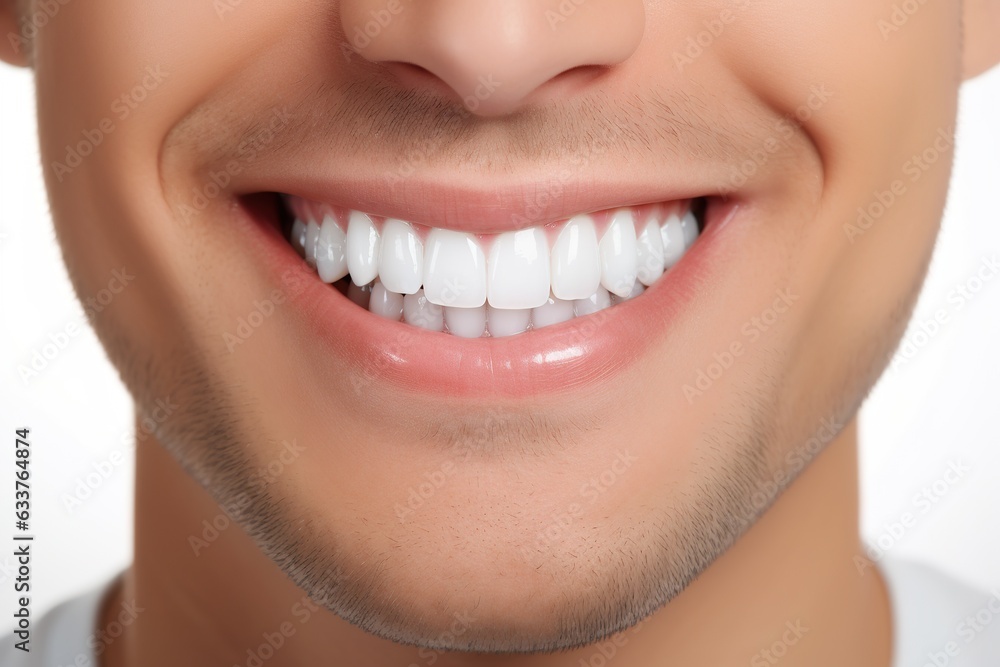Obraz premium a close up photo of the lower part of a male face. handsome cute smile with very clean perfect teeth. chin, nose and mouth visible. dental service advertisement
