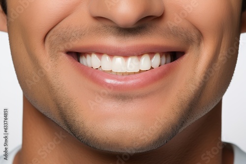 a close up photo of the lower part of a male face. handsome cute smile with very clean perfect teeth. chin, nose and mouth visible. dental service advertisement