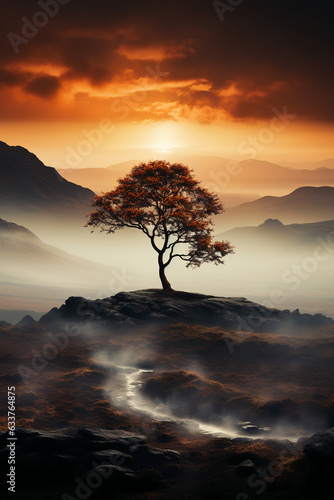 A lone tree sitting on top of a hill. AI generative
