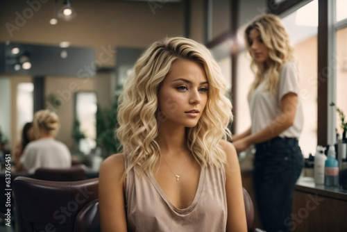 Blonde model woman in the hairdresser salon