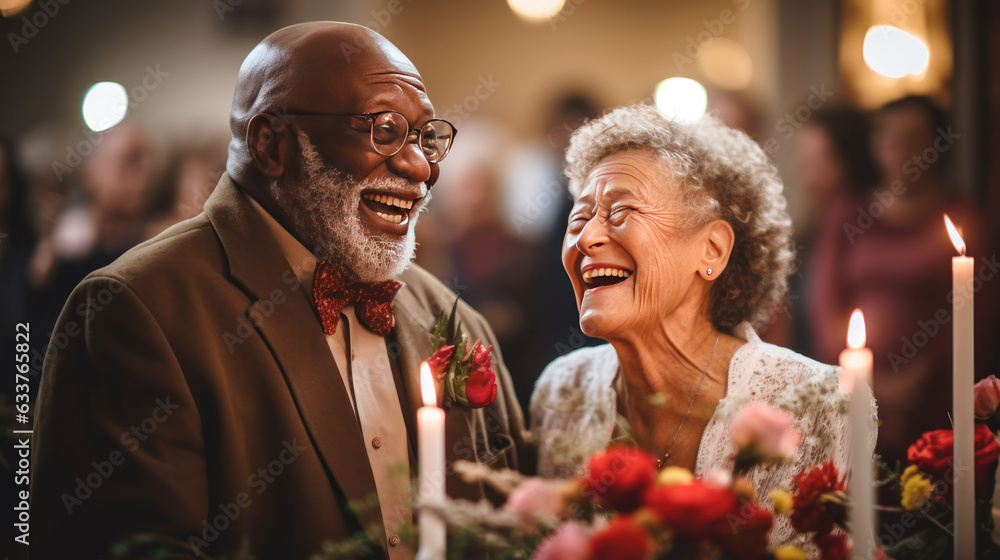 Senior man and woman getting married, senior bride and groom, interracial mature couple, generative ai Senior man and woman getting married, senior bride and groom, interracial mature couple, generative ai