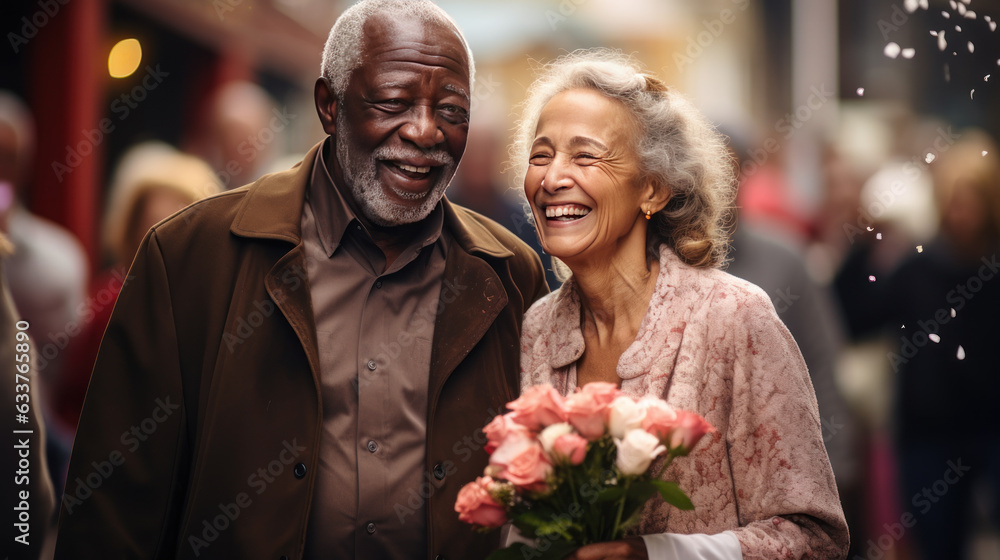 Senior man and woman getting married, senior bride and groom, interracial mature couple, generative ai