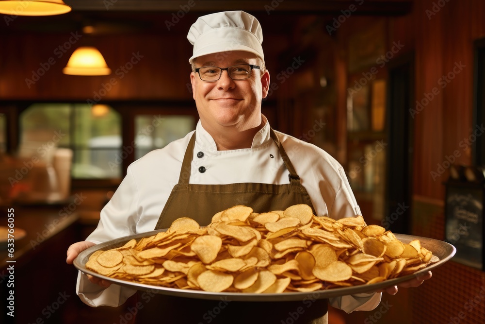 Chef holding a tray full of fried crispy potatoes inside a kitchen Chef holding a tray full of fried crispy potatoes inside a kitchen