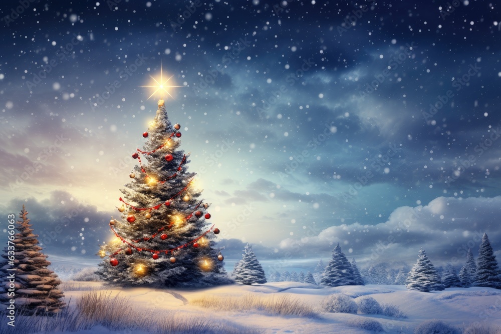 Christmas tree in snow covered woods at night Christmas tree in snow covered woods at night