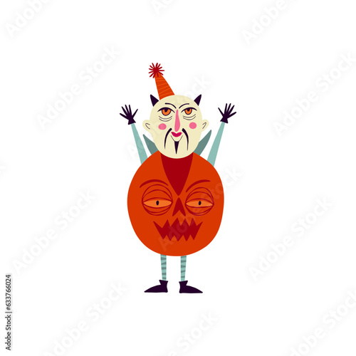 Vibrant funny character in a pumpkin costume for Halloween party. Cartoon illustration