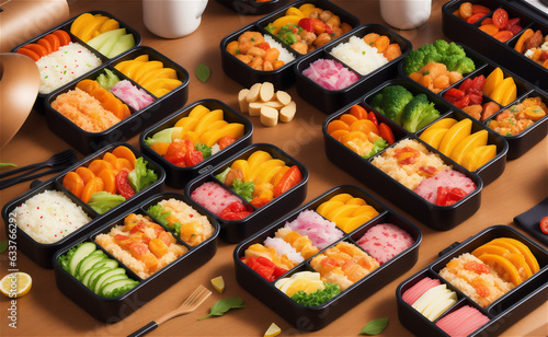 Deluxe Japanese Makunouchi bento boxes with rice,udon noodles, assortment of tsukemono preserved and nimono simmered vegetables, roast beef slices, sashimi, tofu, wagashi confectioneries on a tatami.