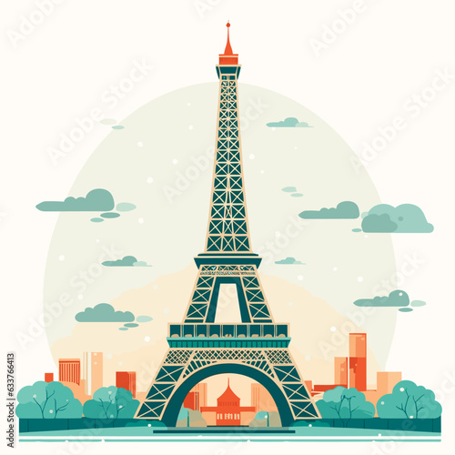 Eiffel Tower on the background of the city. Design, illustration for t-shirt or poster print. Vector