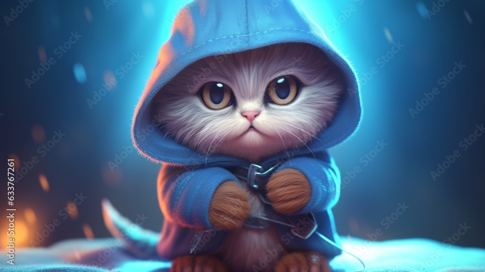 a cute tiny hyperrealistic cat with fantasy theif look.Generative AI