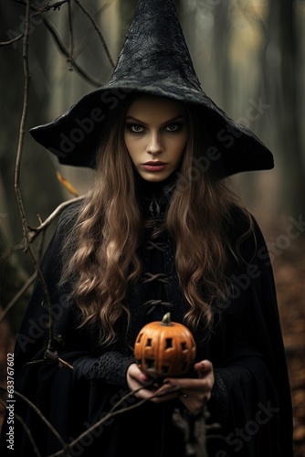 Scary but beautiful witch in the forest