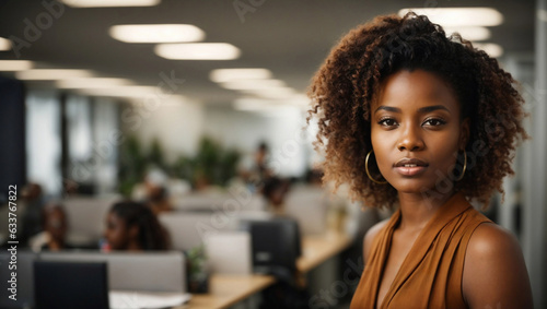 Bella donna africana con capelli ricci in un moderno ufficio con abito elegante photo