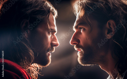 Obraz na płótnie Jesus and Judas in profile facing each other confront each other