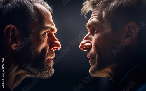 Two men in profile facing each other confront each other