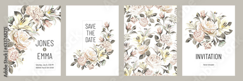 Wedding invitation card. Frame with text and flowers - Roses, Peonies and Lilies isolated on white Background.
